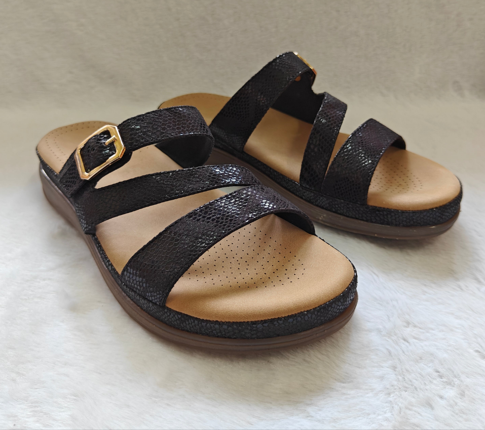 Page Comfort stride Triple-Strap Orthopedic Sandals Black (1405).