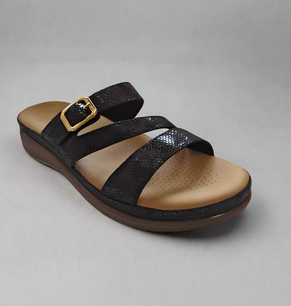 Page Comfort stride Triple-Strap Orthopedic Sandals Black (1405).