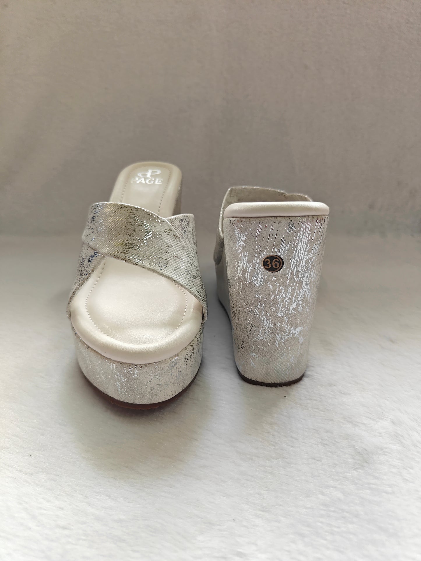 PAGE Metallic Cross-Strap Wedge Heels White (1307-5).