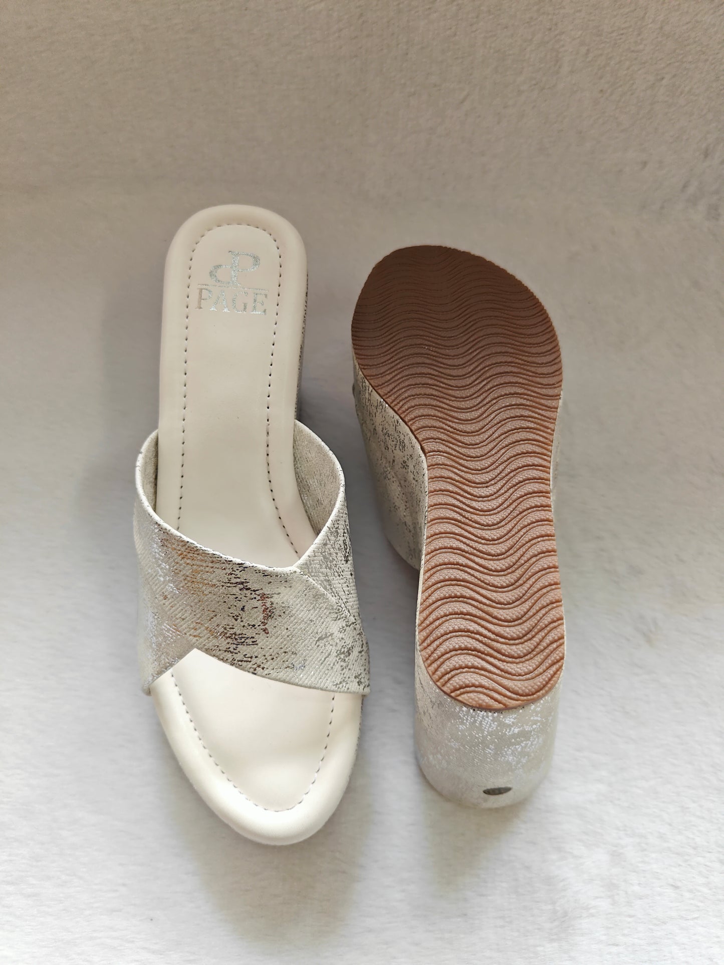 PAGE Metallic Cross-Strap Wedge Heels White (1307-5).