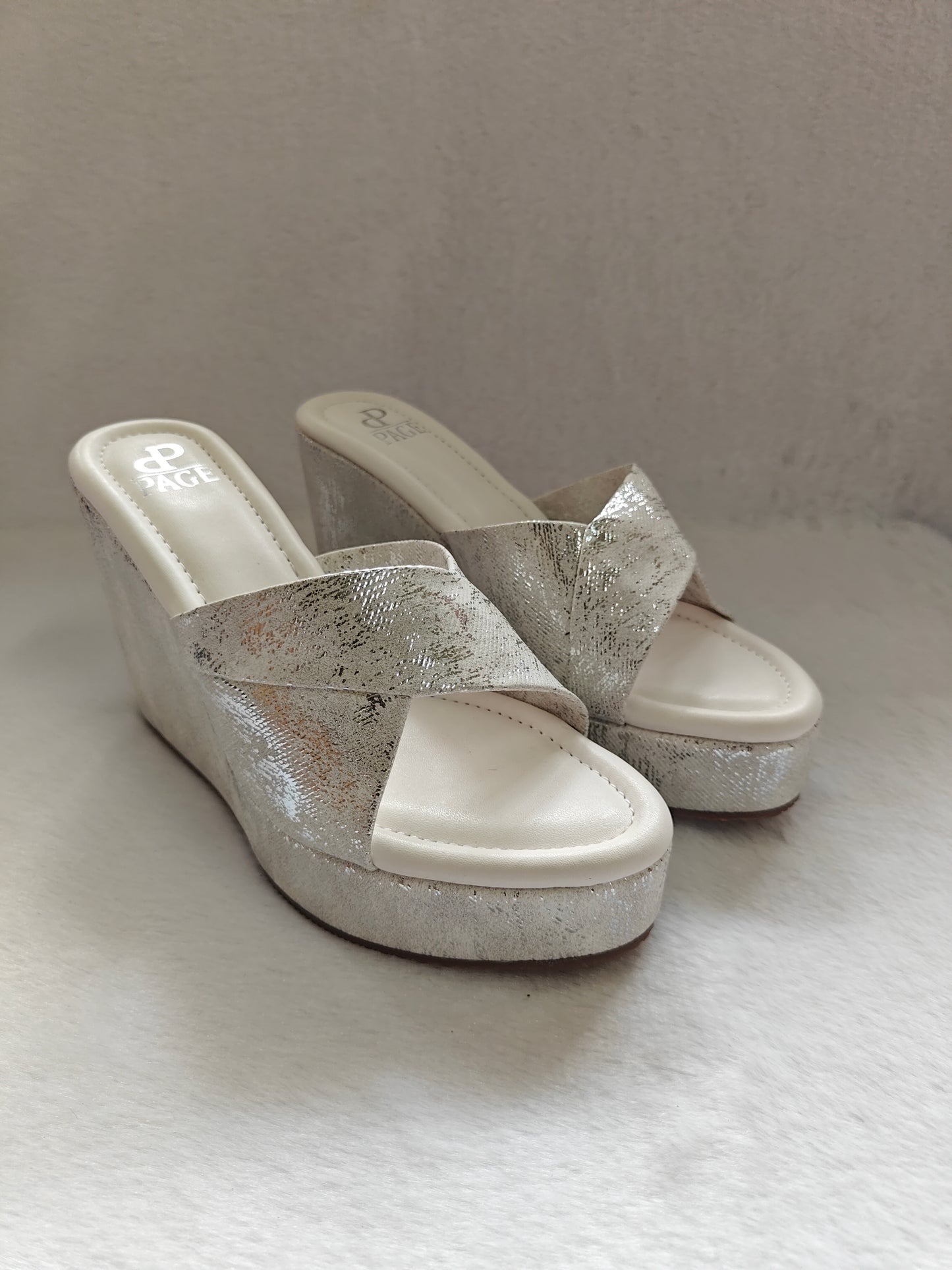 PAGE Metallic Cross-Strap Wedge Heels White (1307-5).