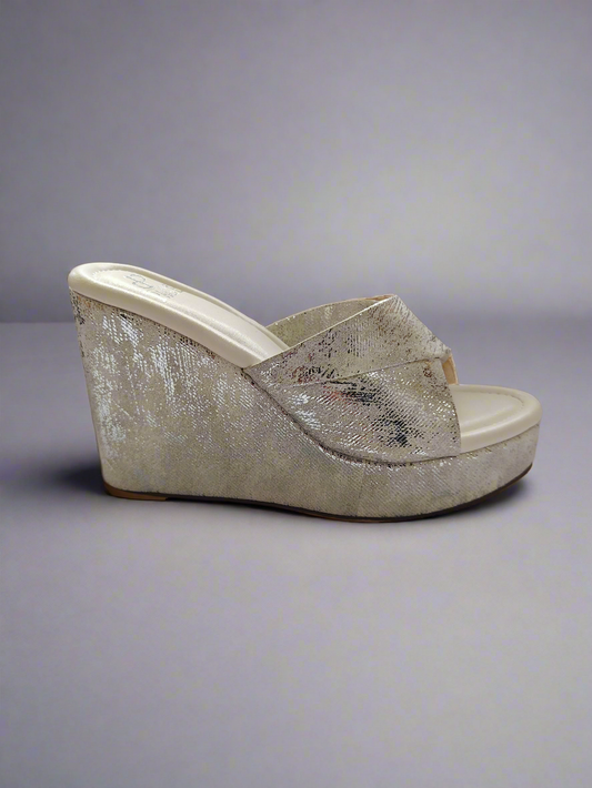 PAGE Metallic Cross-Strap Wedge Heels White (1307-5).