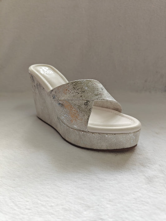 PAGE Metallic Cross-Strap Wedge Heels White (1307-5).